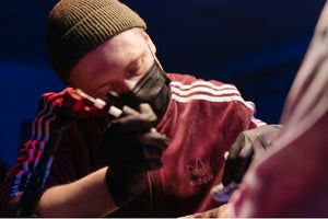 adult male wearing surgical mask at work