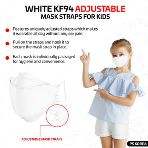 female child wearing white kf94 kids mask cleantop brand and list of features of the mask
